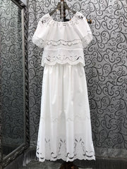 High Quality Designer Clothes Set 2026 Summer Fashion Skirt Suit Women Hollow Out Embroidery White Tops Blouse+Long Skirt Sets