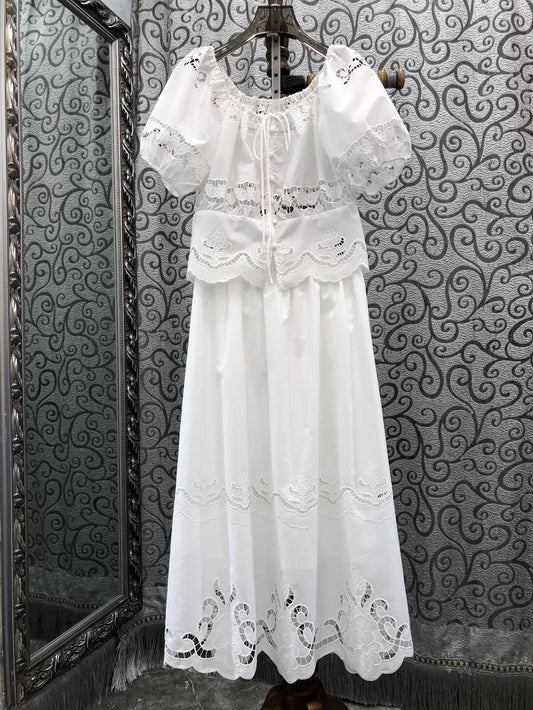 High Quality Designer Clothes Set 2026 Summer Fashion Skirt Suit Women Hollow Out Embroidery White Tops Blouse+Long Skirt Sets