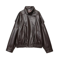 Women's Jacket 2026 New Fashion Spring Long Sleeve Motorcycle Style Jacket Dark Chocolate Color Personality Chic Ladies Outwear