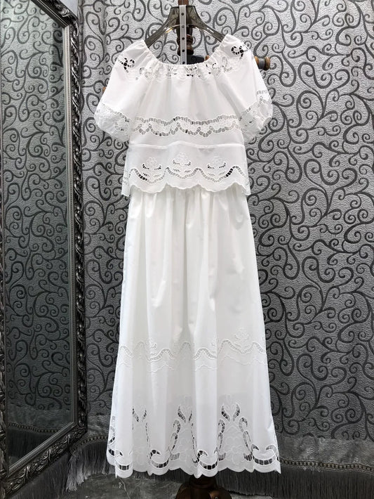 High Quality Designer Clothes Set 2026 Summer Fashion Skirt Suit Women Hollow Out Embroidery White Tops Blouse+Long Skirt Sets
