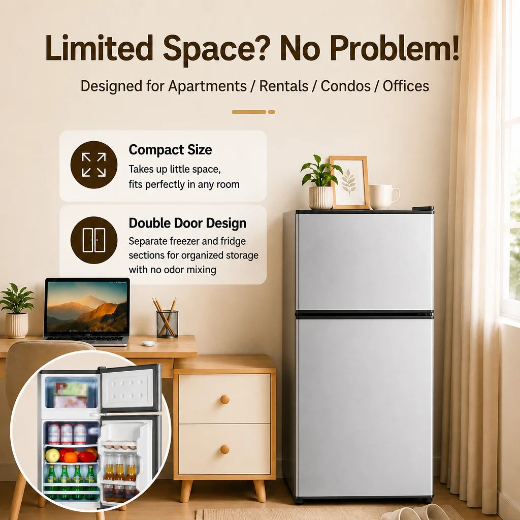 2.5 /2.6Cu.Ft Mini Refrigerator, Dual Zone Compact Fridge with Freezer ,Interior Light, Stable Feet, Ideal for Home Small Spaces