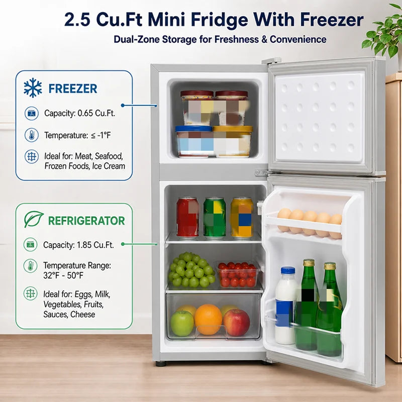 2.5 /2.6Cu.Ft Mini Refrigerator, Dual Zone Compact Fridge with Freezer ,Interior Light, Stable Feet, Ideal for Home Small Spaces