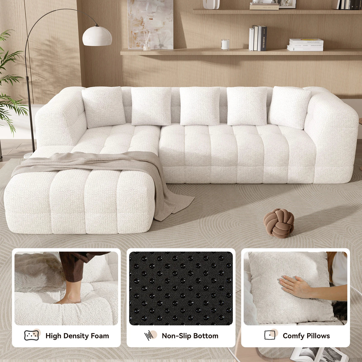 Modern Modular Sectional Boneless Chenille L-Shaped Sofa Bed with Deep Seats for Apartment Mall & Hotel Living Rooms