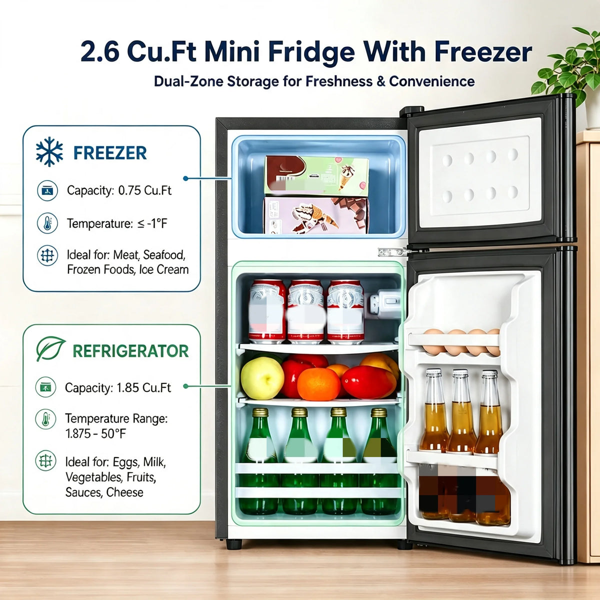 2.5 /2.6Cu.Ft Mini Refrigerator, Dual Zone Compact Fridge with Freezer ,Interior Light, Stable Feet, Ideal for Home Small Spaces