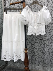 High Quality Designer Clothes Set 2026 Summer Fashion Skirt Suit Women Hollow Out Embroidery White Tops Blouse+Long Skirt Sets