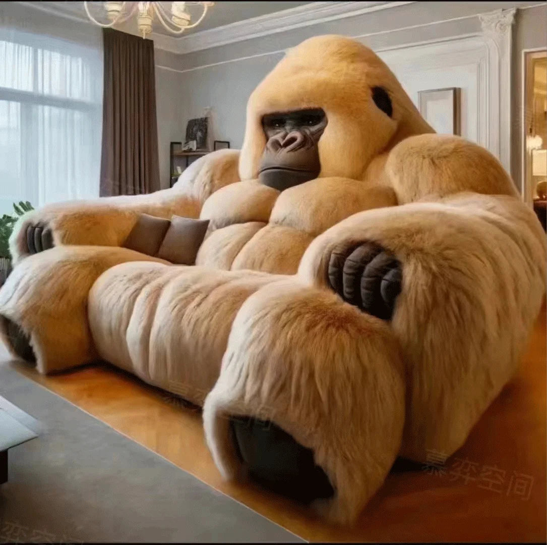 Furry Black Gorilla Three Seat Sofa Modern Animal Shape Ergonomic Luxury Artistic PU Leather Upholstery Eco-Friendly Durable