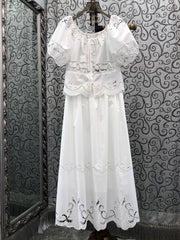 High Quality Designer Clothes Set 2026 Summer Fashion Skirt Suit Women Hollow Out Embroidery White Tops Blouse+Long Skirt Sets