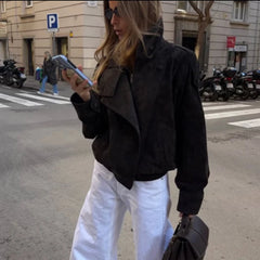 Women's Jacket 2026 New Fashion Spring Long Sleeve Motorcycle Style Jacket Dark Chocolate Color Personality Chic Ladies Outwear