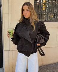 Women's Jacket 2026 New Fashion Spring Long Sleeve Motorcycle Style Jacket Dark Chocolate Color Personality Chic Ladies Outwear