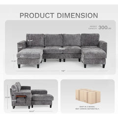 118" U-Shaped Sectional Couch, 4-Seat Modular Sofa
