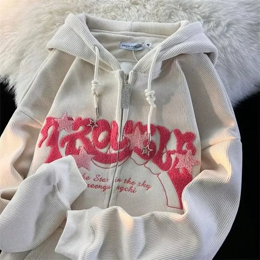 Corduroy Embroidery Loose Hoodies Women Autumn Long