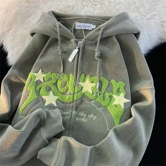 Corduroy Embroidery Loose Hoodies Women Autumn Long