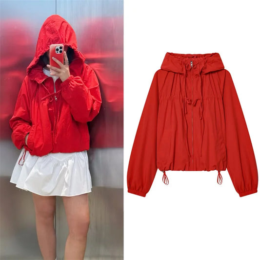 Women's Jacket 2026 Autumn New Red Long-Sleeve Drawstring Decorative Festive Hoodie Zipper Cardigan Casual Fashion Versatile