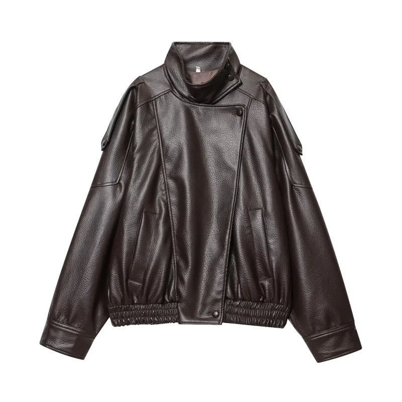 Women's Jacket 2026 New Fashion Spring Long Sleeve Motorcycle Style Jacket Dark Chocolate Color Personality Chic Ladies Outwear
