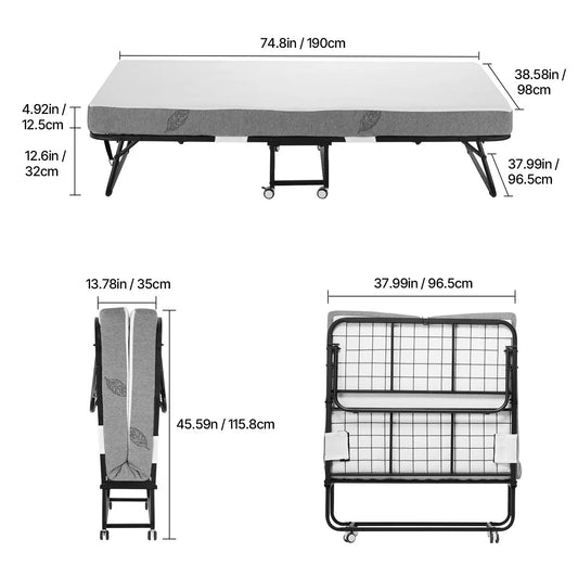 Twin Size Rollaway Bed 38 in X 75 in Sturdy Metal Frame Foldable Bed with 5 Memory Foam Mattress 38 X 75 Folding Bed 5 Mattress
